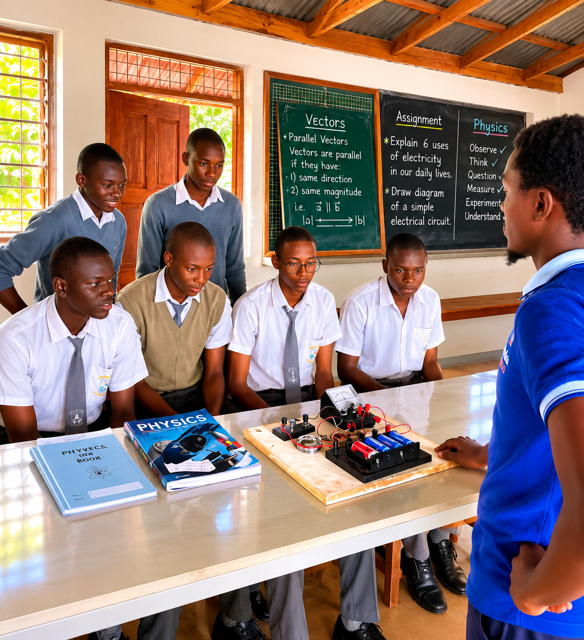 A physics demonstration with learners and electrical circuit equipment